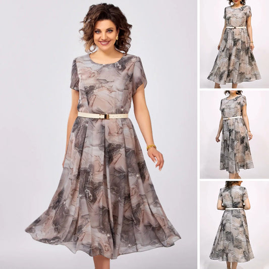 Dámske elegantné okrúhly výstrih krátky rukáv Midi šaty-SK