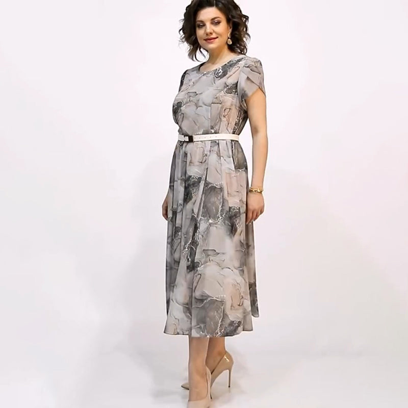 Dámske elegantné okrúhly výstrih krátky rukáv Midi šaty-SK