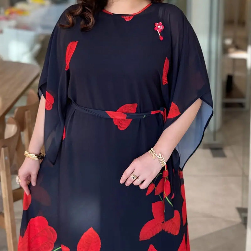 👗 Plokščios formos suknelė su apvalia iškirpte ir diržu 🌸 | Gėlių raštas | Reguliuojamas siluetas-LT