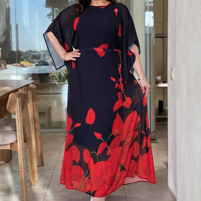 👗 Φόρεμα με βολάν και στρογγυλή λαιμόκοψη και ζώνη 🌸 | Floral Print | Ρυθμιζόμενη σιλουέτα-GR