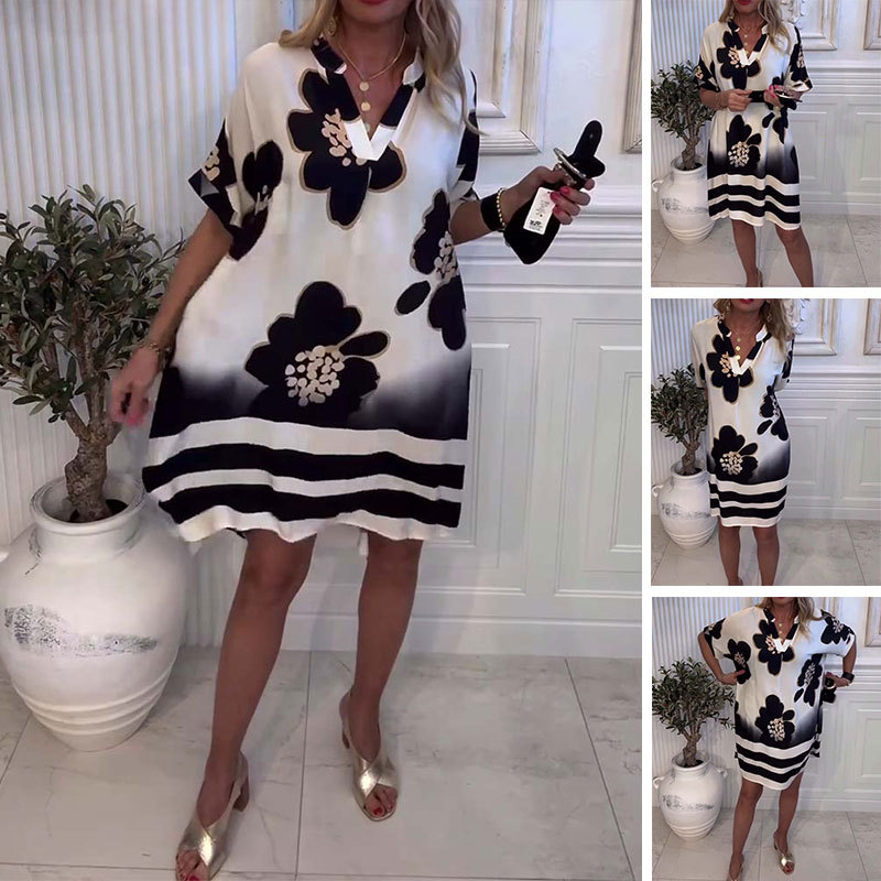 🌸😘 Γυναικείο φαρδύ φόρεμα με σχέδιο και βαθύ V ντεκολτέ🔥-LT