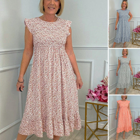 Elegantiška moteriška gėlėta suknelė su aukštu liemeniu ir raukiniais ant rankovės.-LT