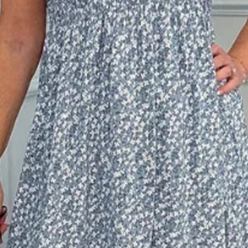 Elegantiška moteriška gėlėta suknelė su aukštu liemeniu ir raukiniais ant rankovės.-LT