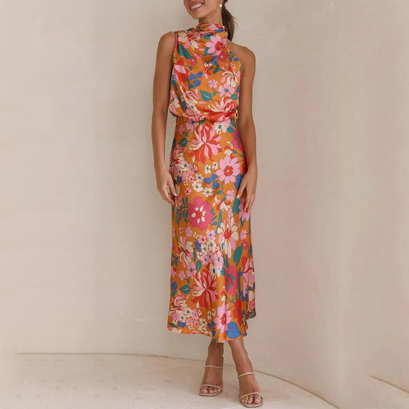 gėlių rašto, surišama apykakle, tampriu juosmeniu, atlasinio blizgesio maksi suknelė-LT