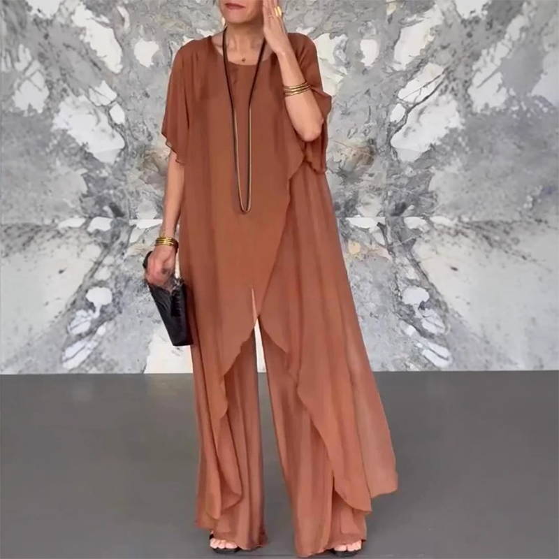 🛍️✨ Γυναικείο σετ που αποτελείται από ακανόνιστη μπλούζα και ανοιχτόχρωμο παντελόνι-GR