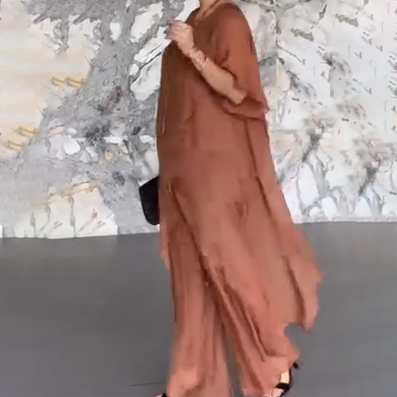 🛍️✨ Γυναικείο σετ που αποτελείται από ακανόνιστη μπλούζα και ανοιχτόχρωμο παντελόνι-GR