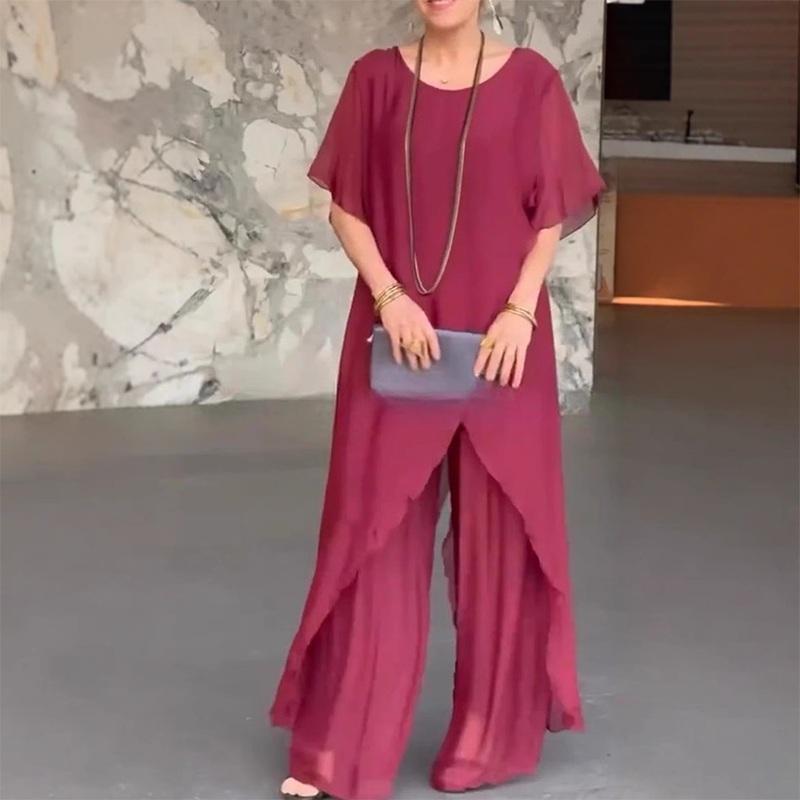 🛍️✨ Γυναικείο σετ που αποτελείται από ακανόνιστη μπλούζα και ανοιχτόχρωμο παντελόνι-GR