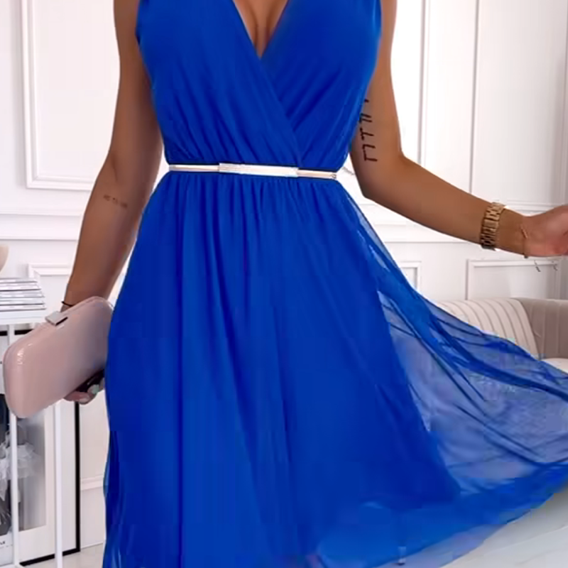 Obleka iz šifona brez rokavov z V-izrezom-SI