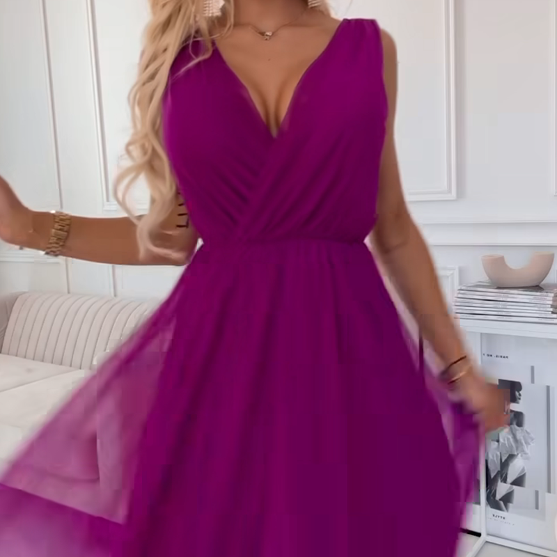 Obleka iz šifona brez rokavov z V-izrezom-SI