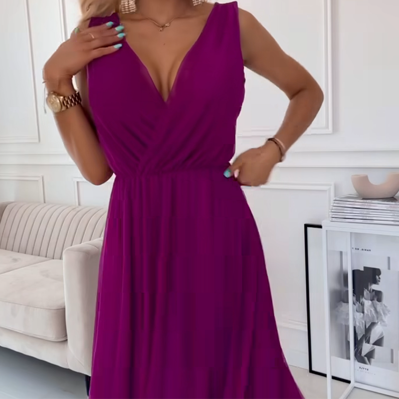 Obleka iz šifona brez rokavov z V-izrezom-SI