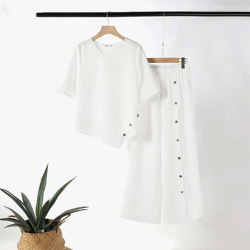 🌿Moteriškas dviejų dalių komplektas: netaisyklingo apačios viršinė ir plačios kelnės☁️-LT