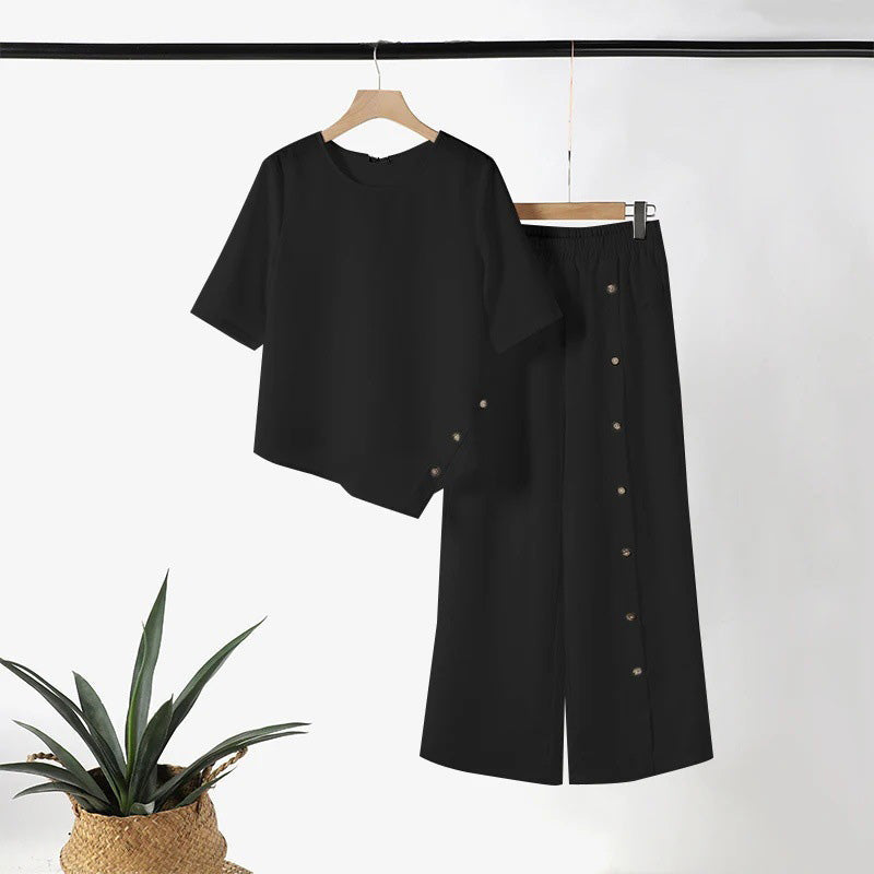 🌿Γυναικείο σετ δύο τεμαχίων: Ακανόνιστο τοπ και παντελόνι με φαρδιά μπατζάκια ☁️-GR 