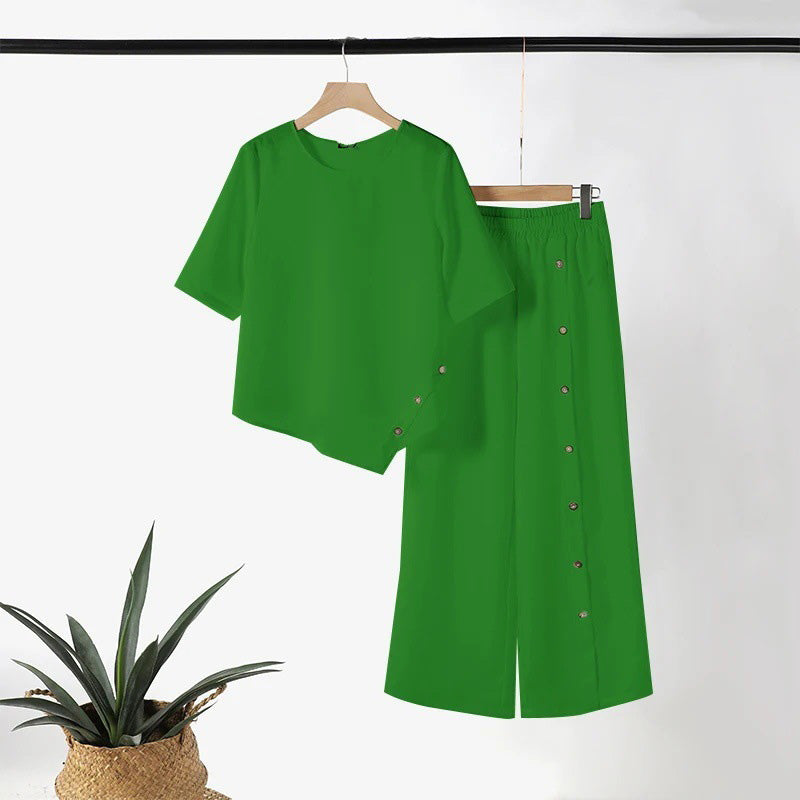 🌿Γυναικείο σετ δύο τεμαχίων: Ακανόνιστο τοπ και παντελόνι με φαρδιά μπατζάκια ☁️-GR 