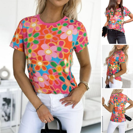 Γυναικείο ροζ μπλουζάκι με φλοράλ τύπωμα-GR