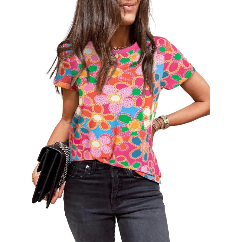 Moteriški rožiniai gėlių rašto marškinėliai-LT