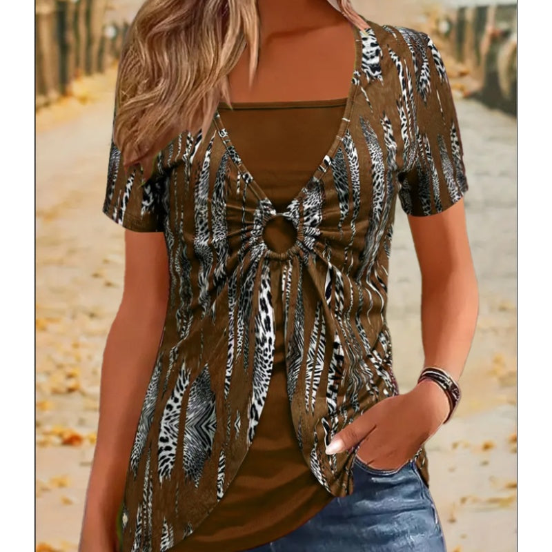 🔥Moteriški vintažiniai kvadratinės iškirptės leopardo rašto marškinėliai trumpomis rankovėmis-LT