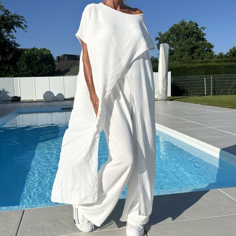 🌸Σετ μονόχρωμης μπλούζας και παντελονιού με έξω τους ώμους-GR