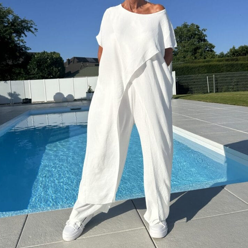 🌸Vienspalvis pečių neapsaugotos palaidinės ir kelnių komplektas-LT