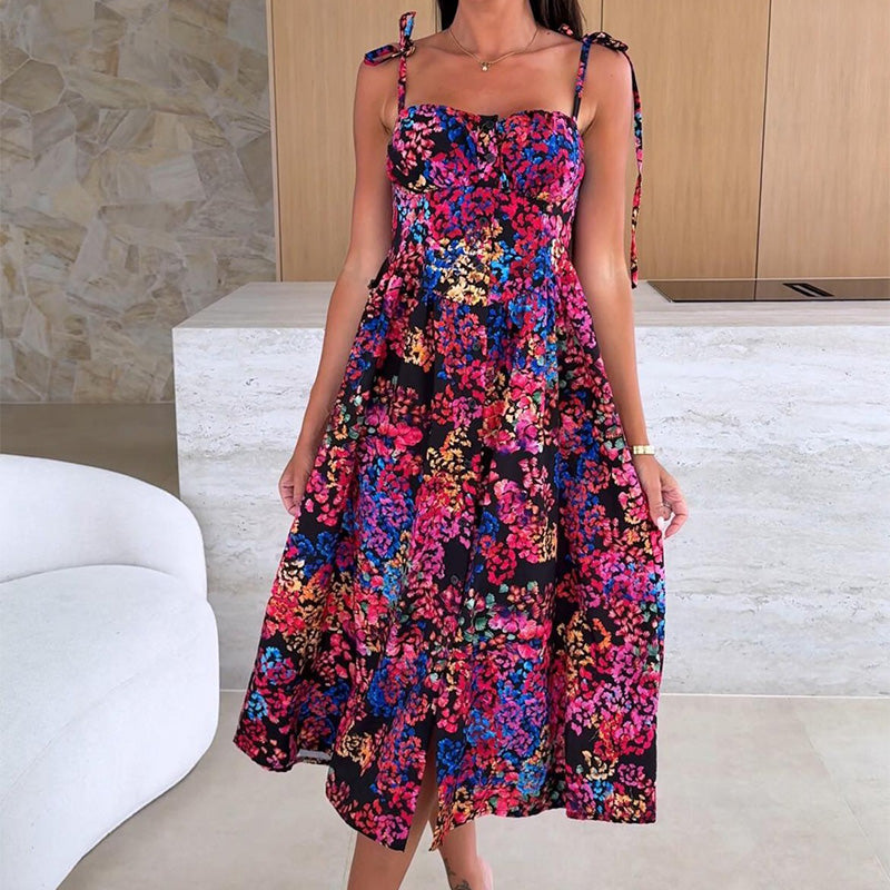 👗Κομψό γυναικείο φόρεμα με λεπτές τιράντες και φλοράλ τύπωμα-GR