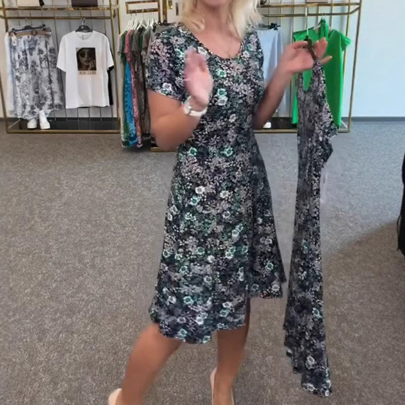 Moteriška laisvalaikio suknelė su gėlių raštu aplink kaklą-LT