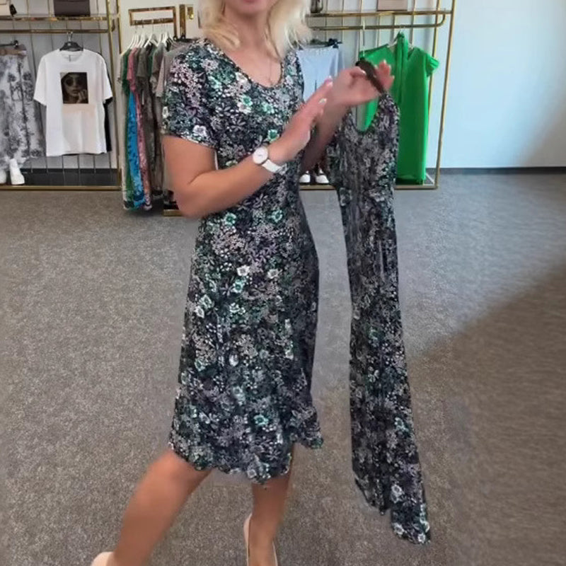 Moteriška laisvalaikio suknelė su gėlių raštu aplink kaklą-LT