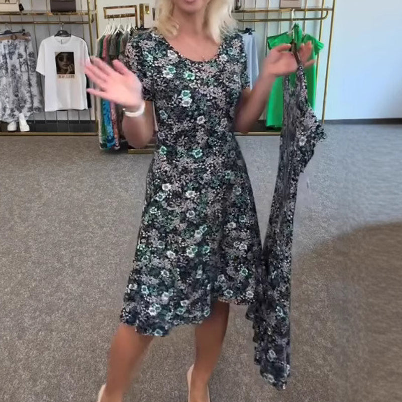 Moteriška laisvalaikio suknelė su gėlių raštu aplink kaklą-LT