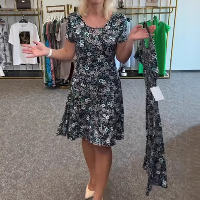 Moteriška laisvalaikio suknelė su gėlių raštu aplink kaklą-LT