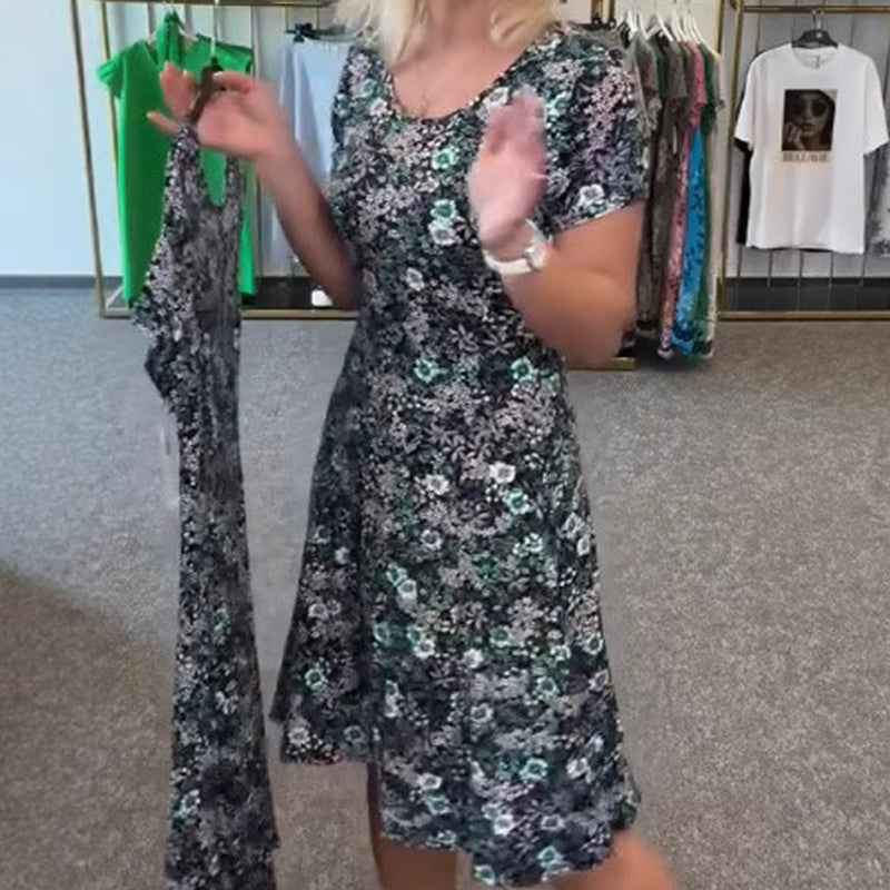 Moteriška laisvalaikio suknelė su gėlių raštu aplink kaklą-LT