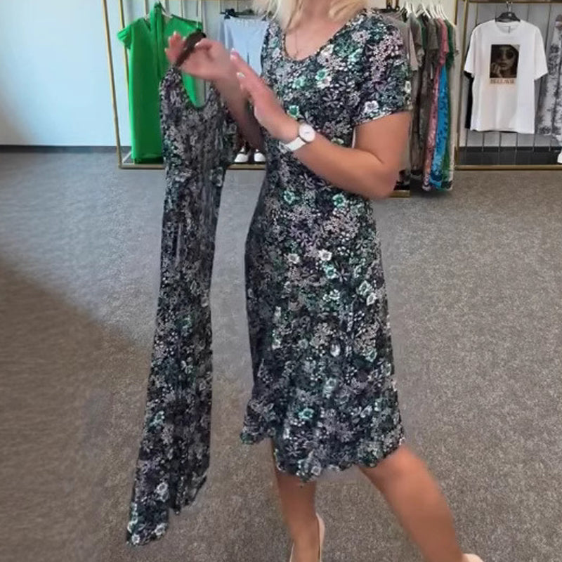 Moteriška laisvalaikio suknelė su gėlių raštu aplink kaklą-LT