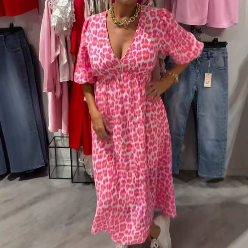 Γυναικείο φόρεμα με στάμπα και V λαιμόκοψη-GR