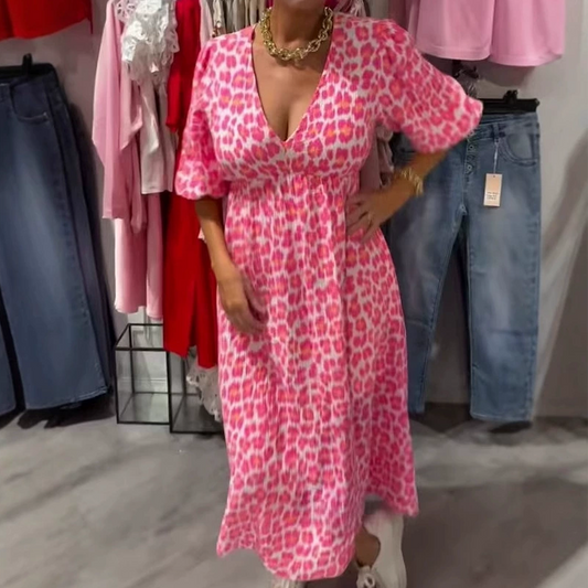 Moteriška suknelė su V formos iškirpte ir raštu-LT