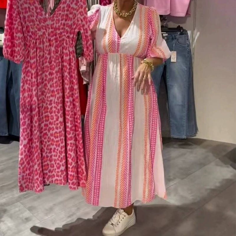 Γυναικείο φόρεμα με στάμπα και V λαιμόκοψη-GR