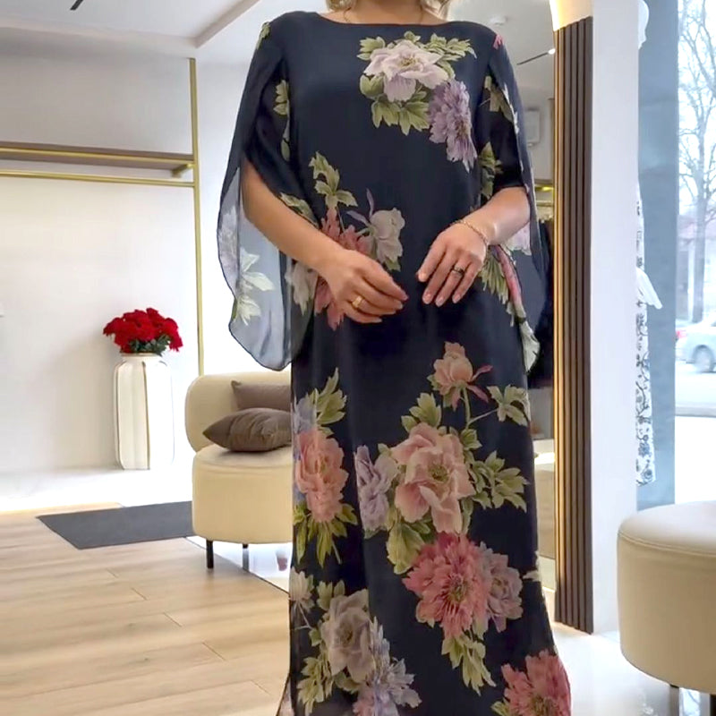 Elegantiška ilga moteriška suknelė su raštu ant kaklo-LT