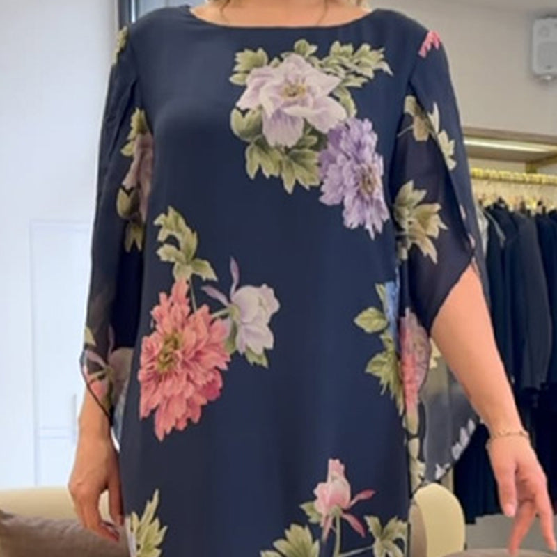 Elegantiška ilga moteriška suknelė su raštu ant kaklo-LT