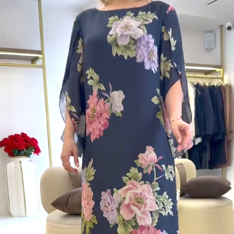 Elegantiška ilga moteriška suknelė su raštu ant kaklo-LT