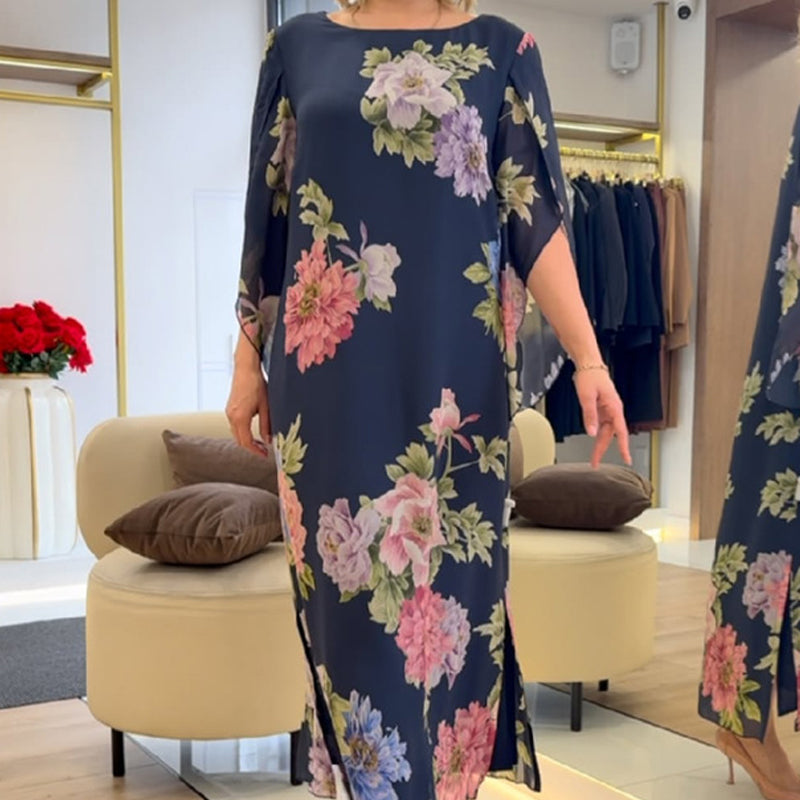 Elegantiška ilga moteriška suknelė su raštu ant kaklo-LT