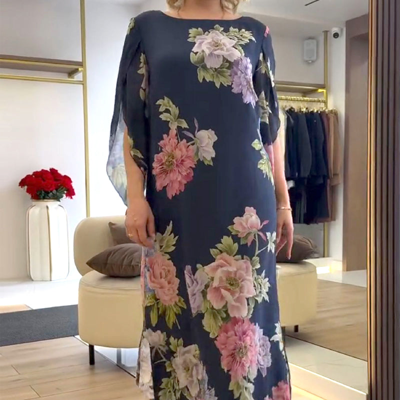 Elegantné dlhé dámske šaty s potlačou na výstrihu-SK