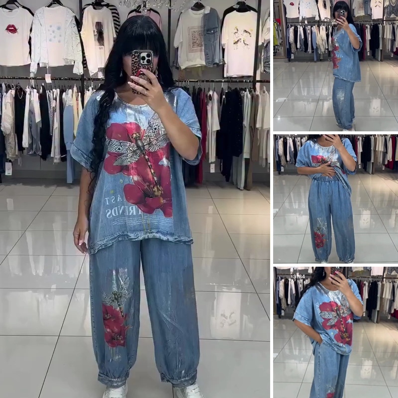 Moteriškas margintas komplektas, palaidinė ir kelnės-LT