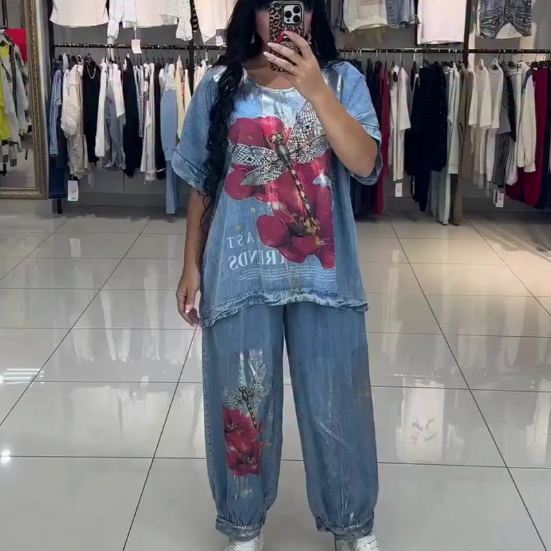 Γυναικείο τυπωμένο σετ, τοπ και παντελόνι-GR