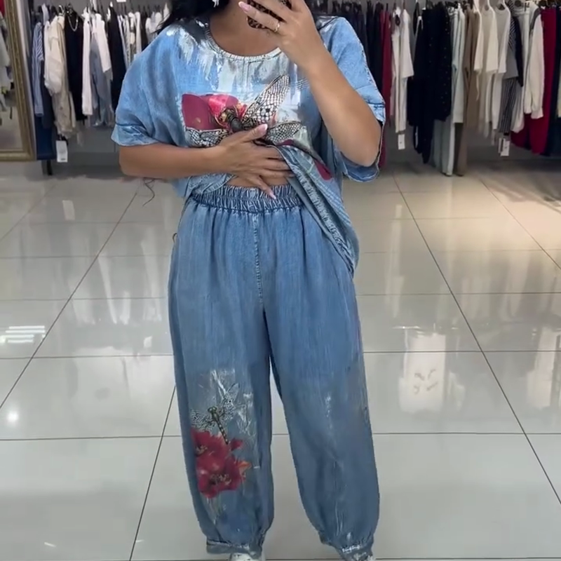 Γυναικείο τυπωμένο σετ, τοπ και παντελόνι-GR