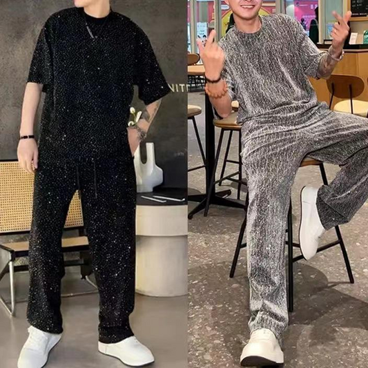 💖 Naujas 2025 metų dizainas ✨ Vyriškas dviejų dalių komplektas: trumpomis rankovėmis marškinėliai ir plačios kelnės-LT