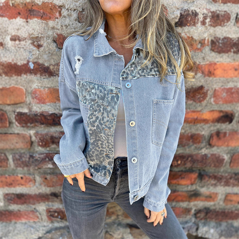 Madingas džinsinis švarkas su leopardo raštu ir lopų raštu-LT