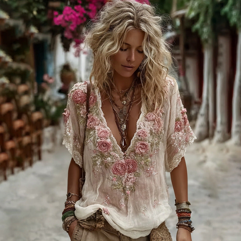 Palaidinė su gilia V formos iškirpte ir gėlių raštu-LT