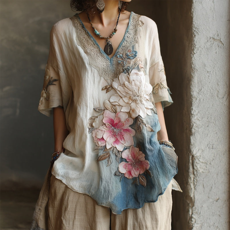 Palaidinė su gilia V formos iškirpte ir gėlių raštu-LT