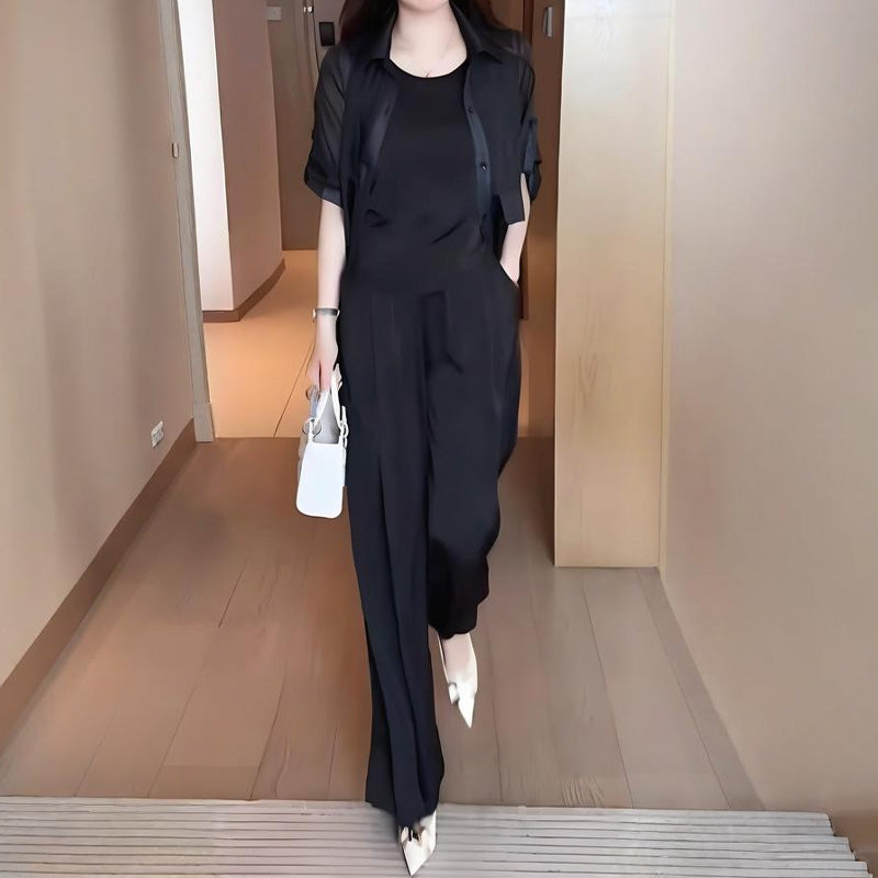 Moteriškas trijų dalių komplektas: marškiniai, liemenė ir kelnės-LT