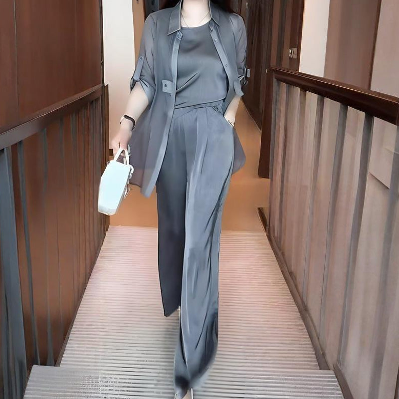 Moteriškas trijų dalių komplektas: marškiniai, liemenė ir kelnės-LT