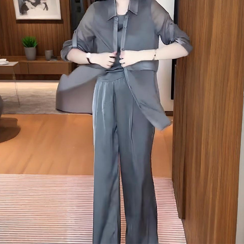 Moteriškas trijų dalių komplektas: marškiniai, liemenė ir kelnės-LT