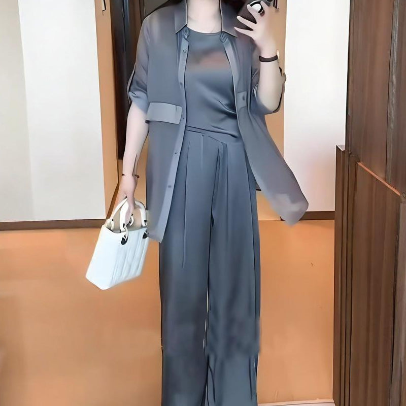 Moteriškas trijų dalių komplektas: marškiniai, liemenė ir kelnės-LT