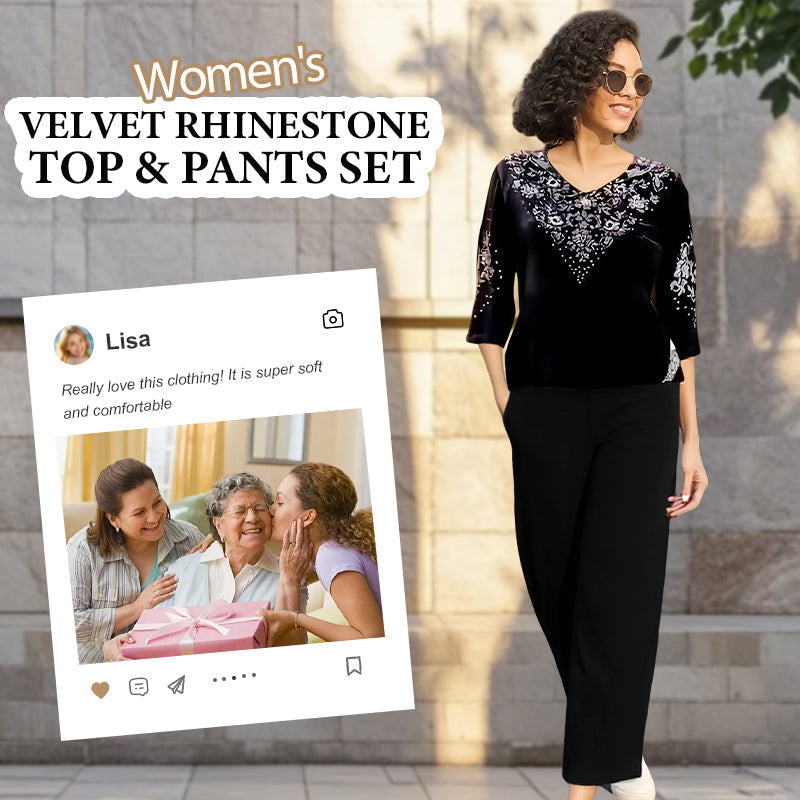 💞Moteriškas aksominis palaidinės ir kelnių komplektas su cirkoniais-LT