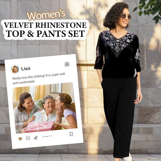 💞Moteriškas aksominis palaidinės ir kelnių komplektas su cirkoniais-LT